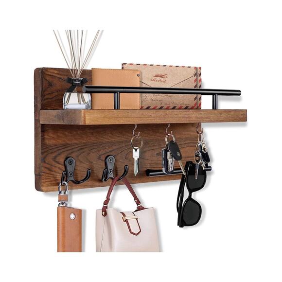 OurWarm Other - OurWarm Key Holder Brown Wall Mounted Mail Holder Shelf Wood Organizer Rustic